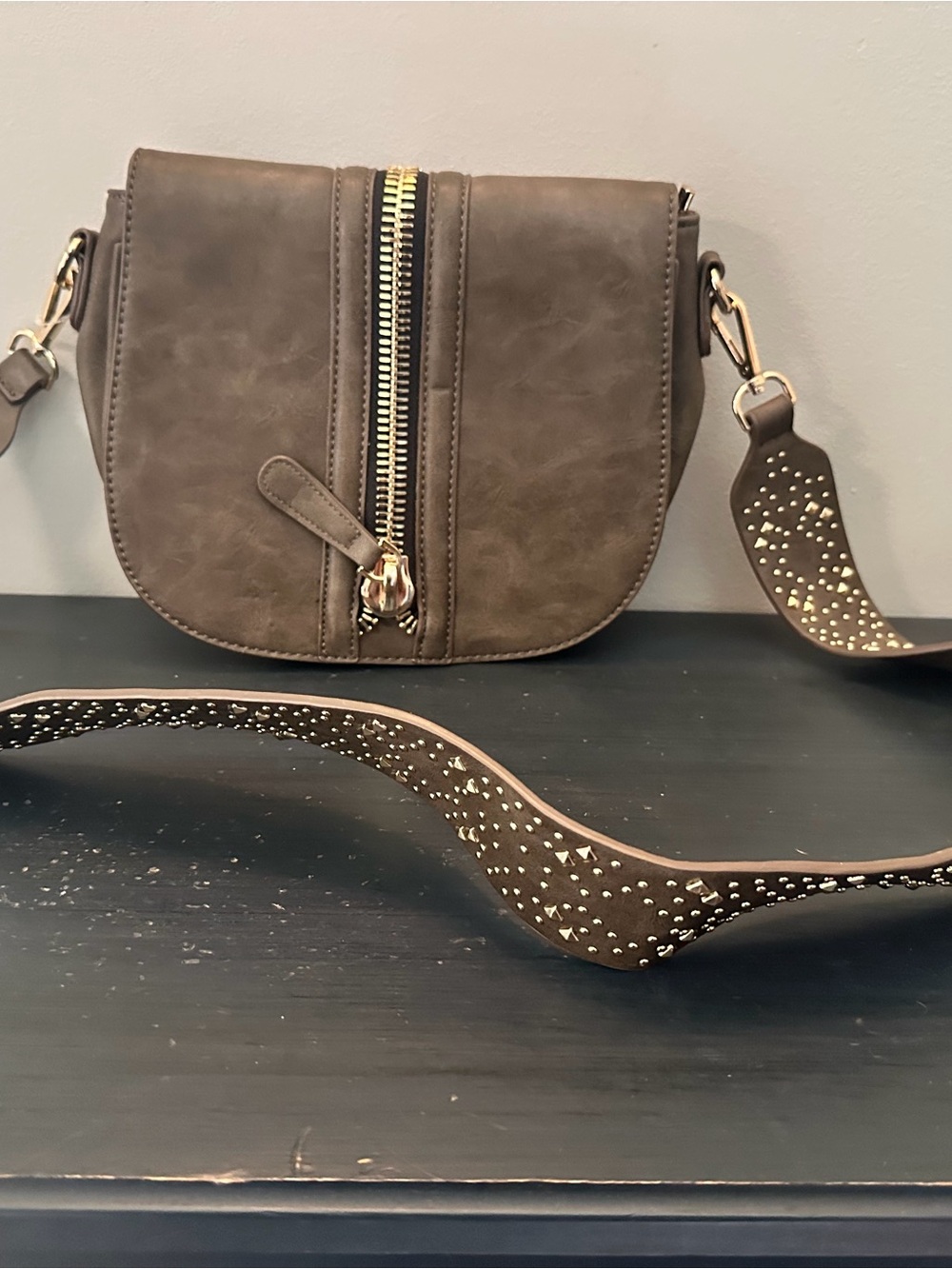 Madison Wear Taupe Leather Crossbody Bag with Studded Strap